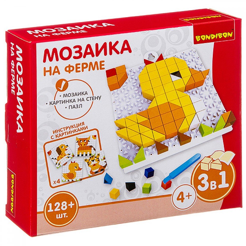 Логические, развивающие игры и игрушки Bondibon Мозаика «НА ФЕРМЕ», 128 дет., BOX 16x4x14 см Медведь Калуга