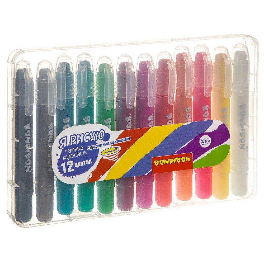 Набор гелевых карандашей для рисования Bondibon 12 цветов, оттенки металлик, в пластиковой коробке, Медведь Калуга