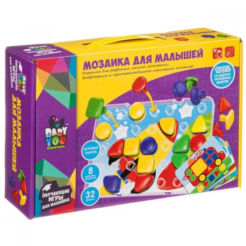 Мозаика для малышей Bondibon,  8 картинок-шаблонов, 32 фишки, BOX Медведь Калуга