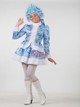 1138 Карнавальный костюм "Снегурочка Гжель"  (кафтан, короткая юбка, кокошник) (д/взр)  р. 46 Медведь Калуга