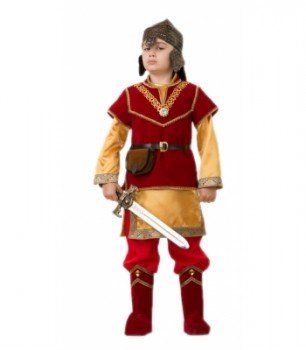 4002 Карнавальный костюм "Добрыня"  (Кольчуга, рубаха, брюки с сапогами, шлем, пояс с сумкой, меч) ( Медведь Калуга