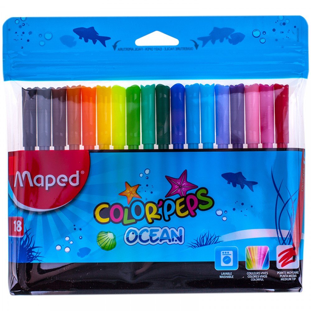 Фломастеры COLOR PEPS OCEAN, с заблокированным пишущим узлом, смываемые, в пакете с подв, 18 цв. арт Медведь Калуга
