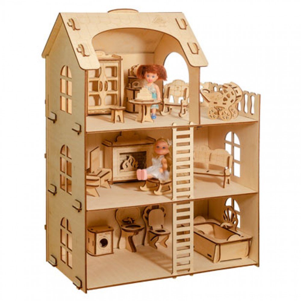 большой деревянный дом для кукол с мебелью