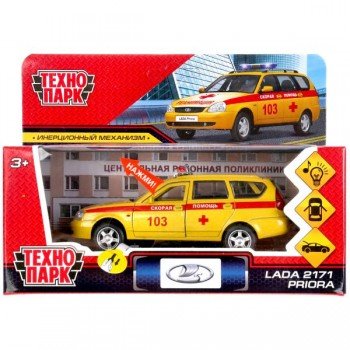 303046   Машина металл свет-звук LADA PRIORA РЕАНИМАЦИЯ 12 см, двери, багаж, в кор. Технопарк в кор. Медведь Калуга