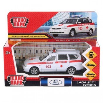 303049   Машина металл LADA PRIORA СКОРАЯ ПОМОЩЬ 12 см, двери, багаж, белый, в кор. Технопарк в кор. Медведь Калуга