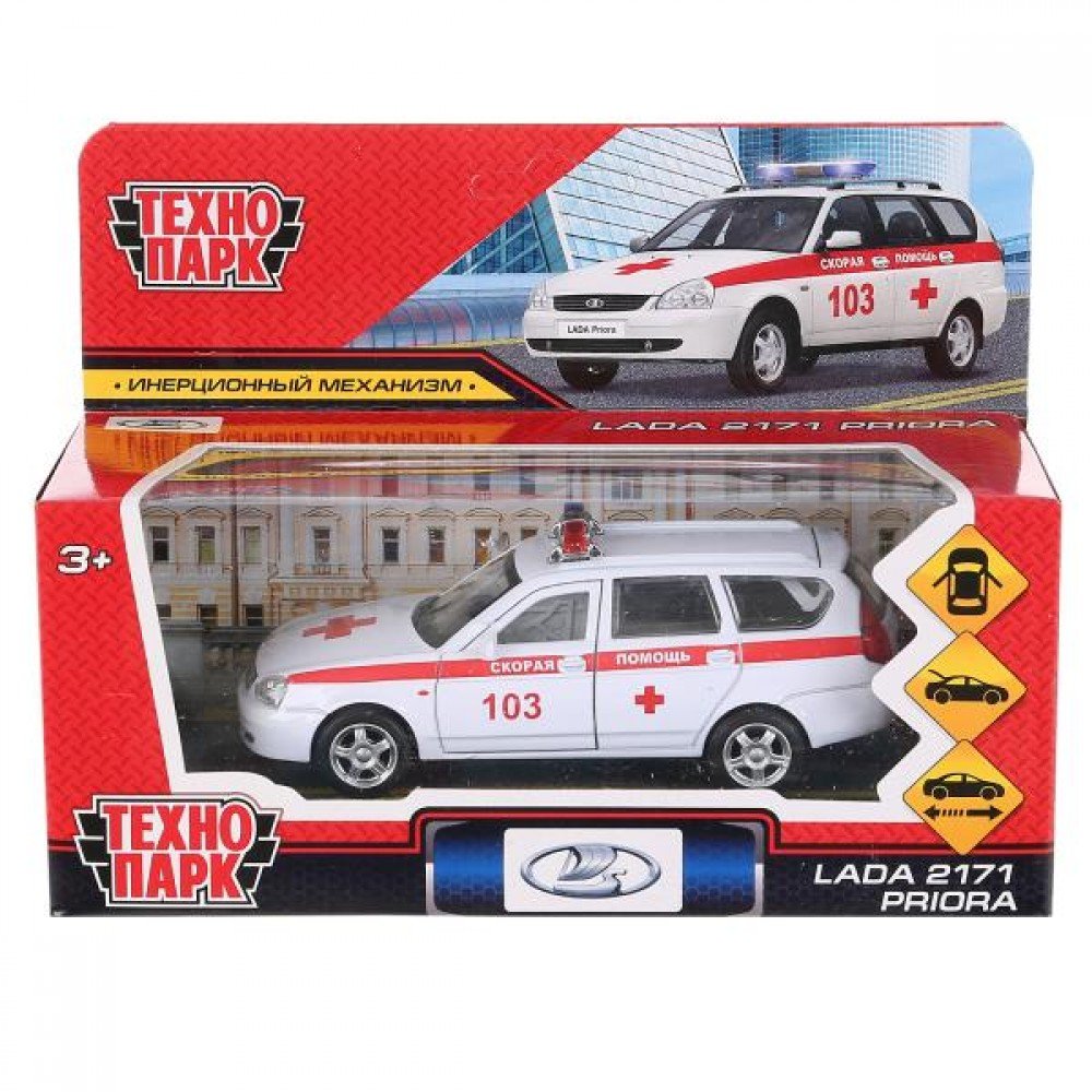 303049   Машина металл LADA PRIORA СКОРАЯ ПОМОЩЬ 12 см, двери, багаж, белый, в кор. Технопарк в кор. Медведь Калуга
