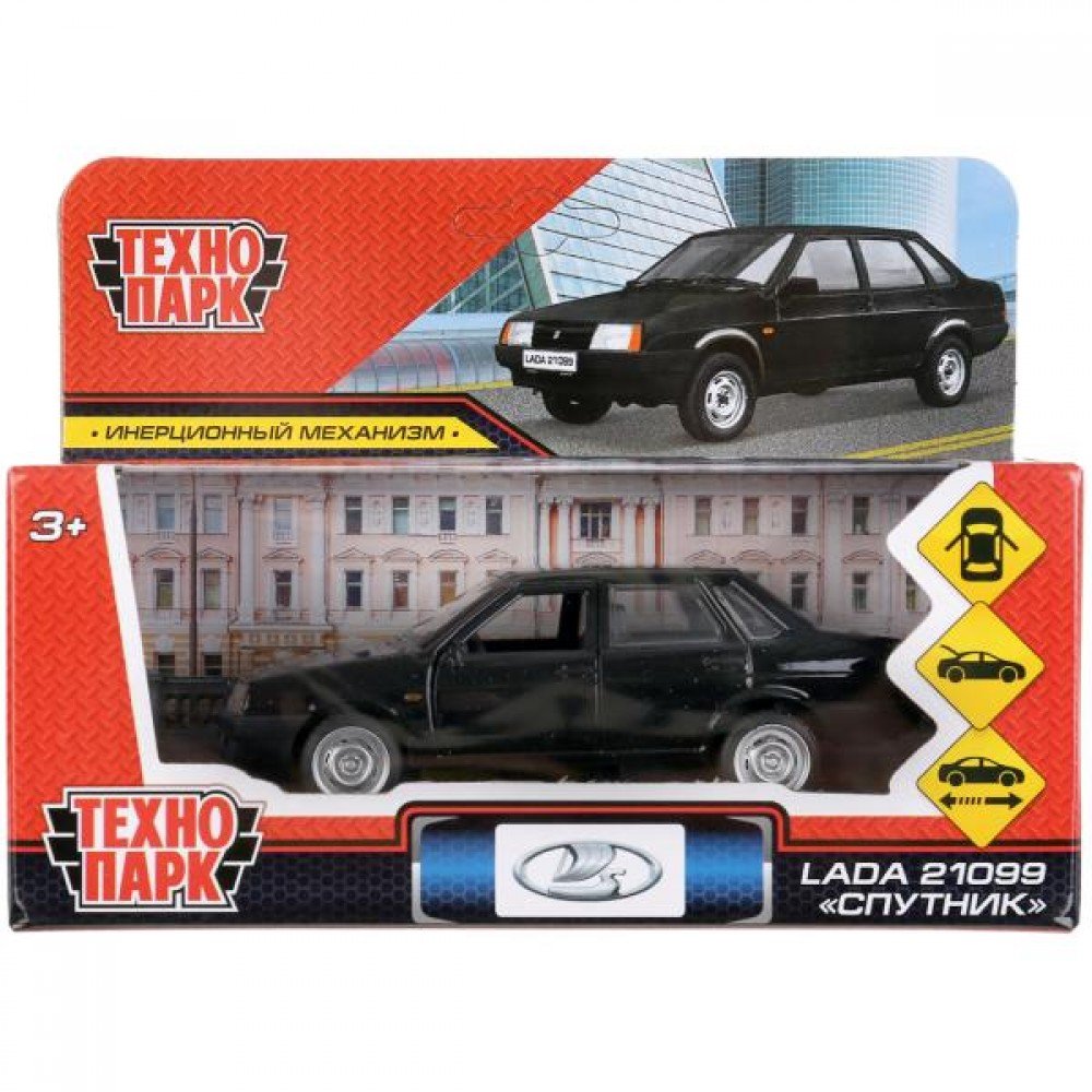 303040   Машина металл LADA-21099 "СПУТНИК" 12 см, двери, багаж, инерц, черный, кор. Технопарк в кор Медведь Калуга