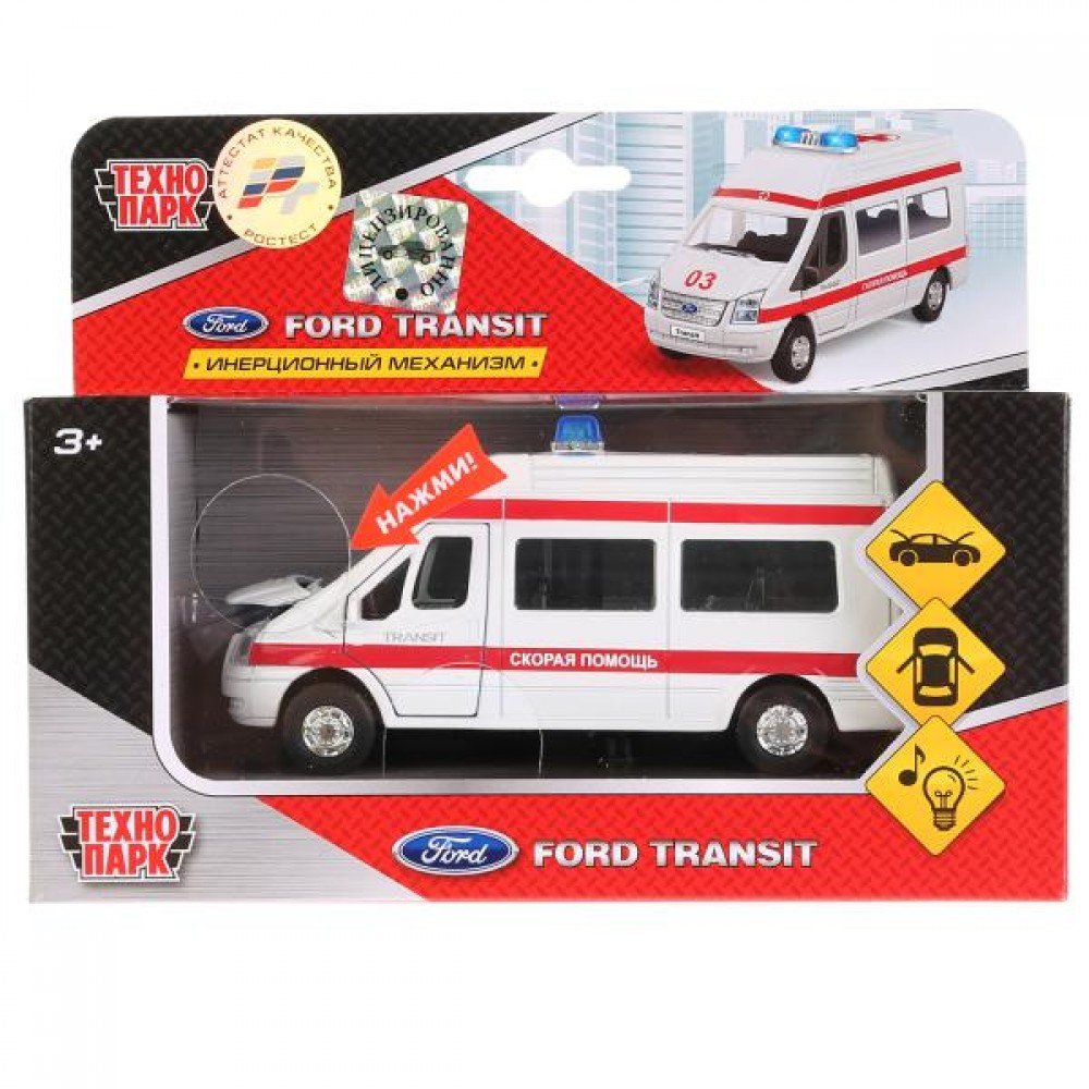 181594   МАШИНА "ТЕХНОПАРК" МЕТАЛЛ. ИНЕРЦ. FORD TRANSIT СКОРАЯ ПОМОЩЬ, СВЕТ+ЗВУК В РУСС. КОР. в кор. Медведь Калуга
