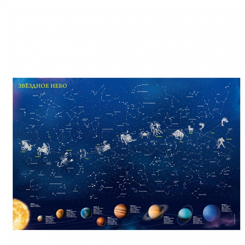 Карта настенная. Звёздное небо/Планеты. Созвездия, светящиеся в темноте. 90х60 см. ГЕОДОМ (ISBN нет) Медведь Калуга