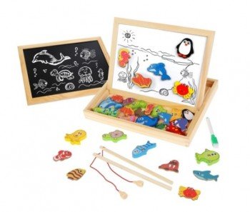 Бизи-чемоданчик "Рыбалка": доска для рисования, меловая доска, магнитные фигурки и фигурки для рыбал Медведь Калуга