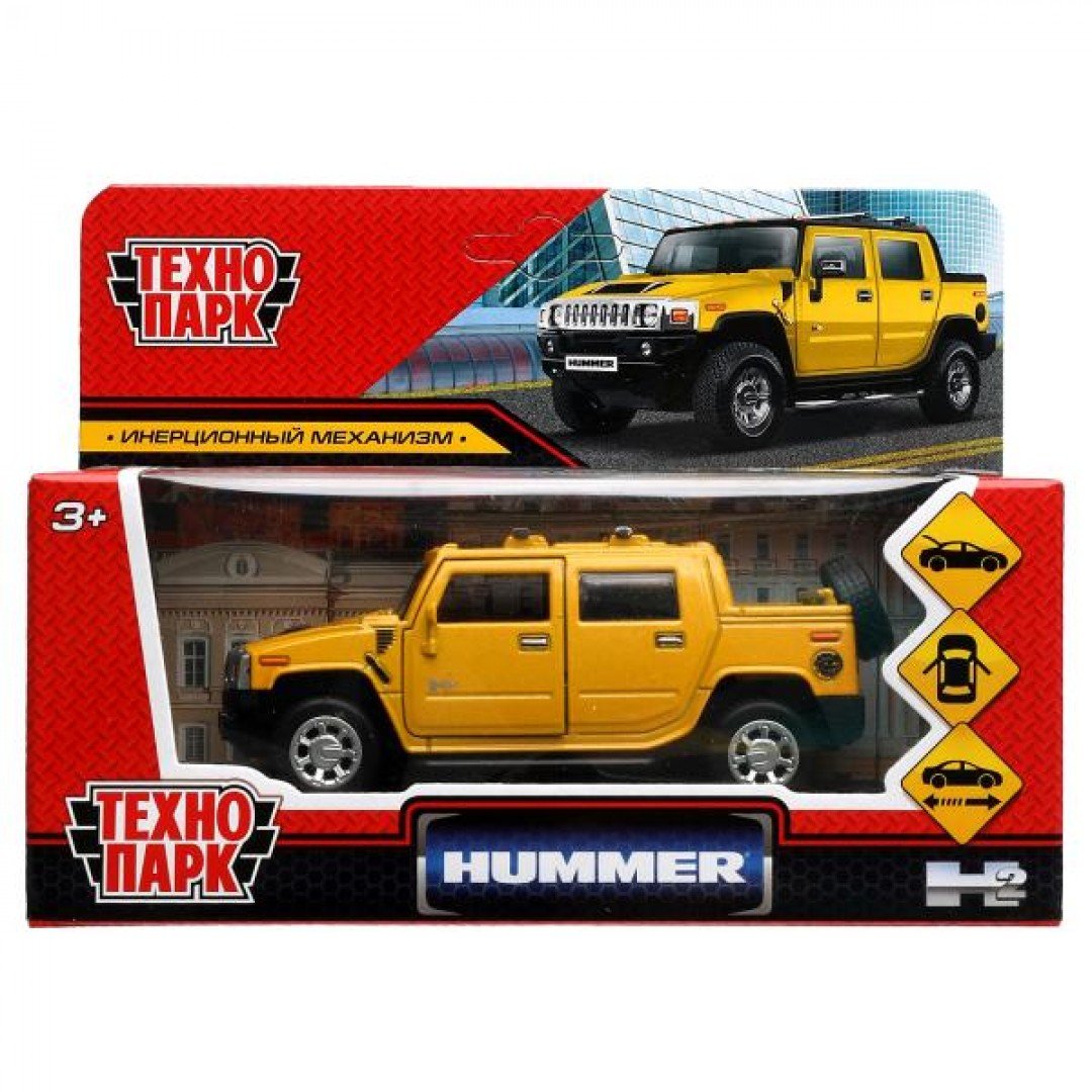 Купить 325388 Машина металл HUMMER H2 PICKUP длина 12 см, двер, багаж,  инерц, желтый, кор. Технопарк в ко - Медведь Калуга