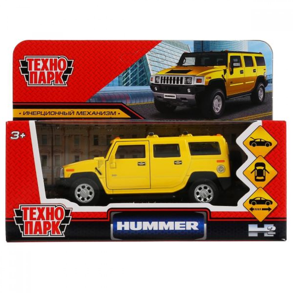 Купить 299813 Машина металл HUMMER H2 длина 12 см, двери, багаж, инерц,  желтый, кор. Технопарк в кор.2*36шт - Медведь Калуга