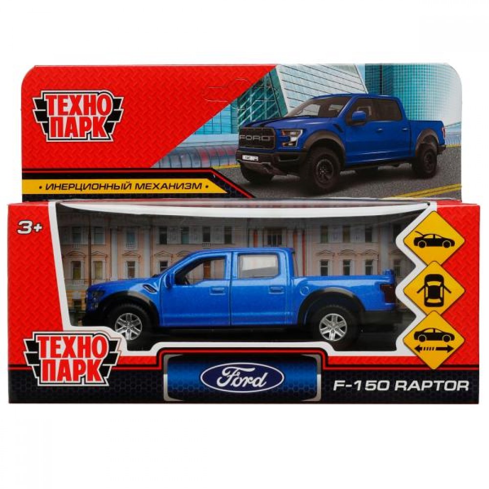 336386 Машина металл FORD F150 RAPTOR 12 см, двери, багаж, инерц, СИНИЙ, кор. Технопарк в кор.2*36шт Медведь Калуга