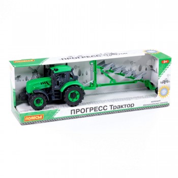 Трактор "Прогресс" с плугом инерционный (зелёный) (в коробке) Медведь Калуга