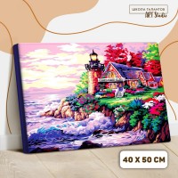 Картина по номерам на холсте 40?50 см «Домик с маяком у моря» Медведь Калуга