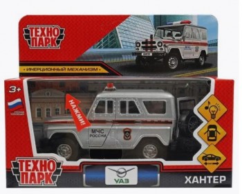349174 Машина металл свет-звук УАЗ ХАНТЕР МЧС длина 12 см, двер, багаж, инерц, кор. Технопарк в кор. Медведь Калуга