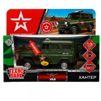 338203 Машина металл свет-звук UAZ HUNTER АРМИЯ РОССИИ 12 см, двер, багаж, ин, кор. Технопарк в кор. Медведь Калуга