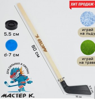 Клюшка для игры в хоккей "Мастер К", набор: клюшка 80 см, шайба 5.5 х 1.5 см, мяч d-7 см 4500229 Медведь Калуга