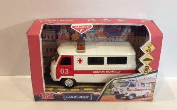 379622 Машина пластик свет-звук UAZ 452 СКОРАЯ ПОМОЩЬ, 18 см, дв., багаж., кор. Технопарк в кор.2*12 Медведь Калуга