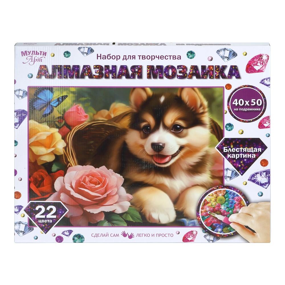 407332 Алмазная мозаика 40*50 щенок в корзинке с цветами MultiArt в кор.20шт Медведь Калуга