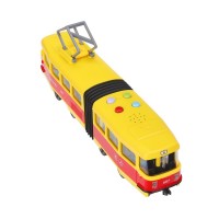 393562 Модель пластик свет-звук ТРАМВАЙ С РЕЗИНКОЙ 30см, 4кноп, двер, желт, кор. Технопарк в кор.2*18шт Медведь Калуга