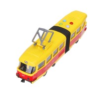 393562 Модель пластик свет-звук ТРАМВАЙ С РЕЗИНКОЙ 30см, 4кноп, двер, желт, кор. Технопарк в кор.2*18шт Медведь Калуга