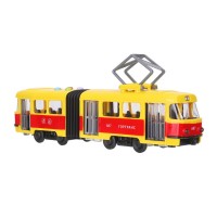 393562 Модель пластик свет-звук ТРАМВАЙ С РЕЗИНКОЙ 30см, 4кноп, двер, желт, кор. Технопарк в кор.2*18шт Медведь Калуга