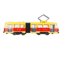 393562 Модель пластик свет-звук ТРАМВАЙ С РЕЗИНКОЙ 30см, 4кноп, двер, желт, кор. Технопарк в кор.2*18шт Медведь Калуга