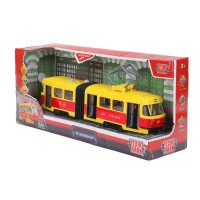 393562 Модель пластик свет-звук ТРАМВАЙ С РЕЗИНКОЙ 30см, 4кноп, двер, желт, кор. Технопарк в кор.2*18шт Медведь Калуга