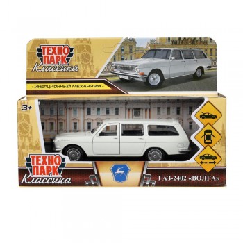 392037 Машина металл ГАЗ-2402 "ВОЛГА" 12 см, двери, багаж, инерц, белый, кор. Технопарк в кор.2*36шт Медведь Калуга